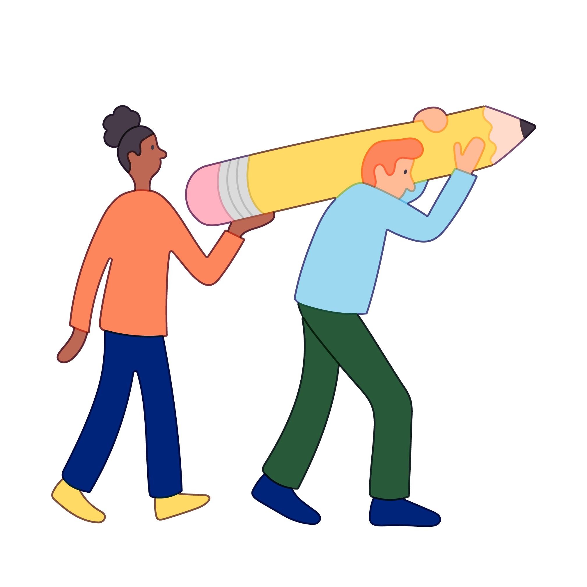 Two people carry a giant pencil.