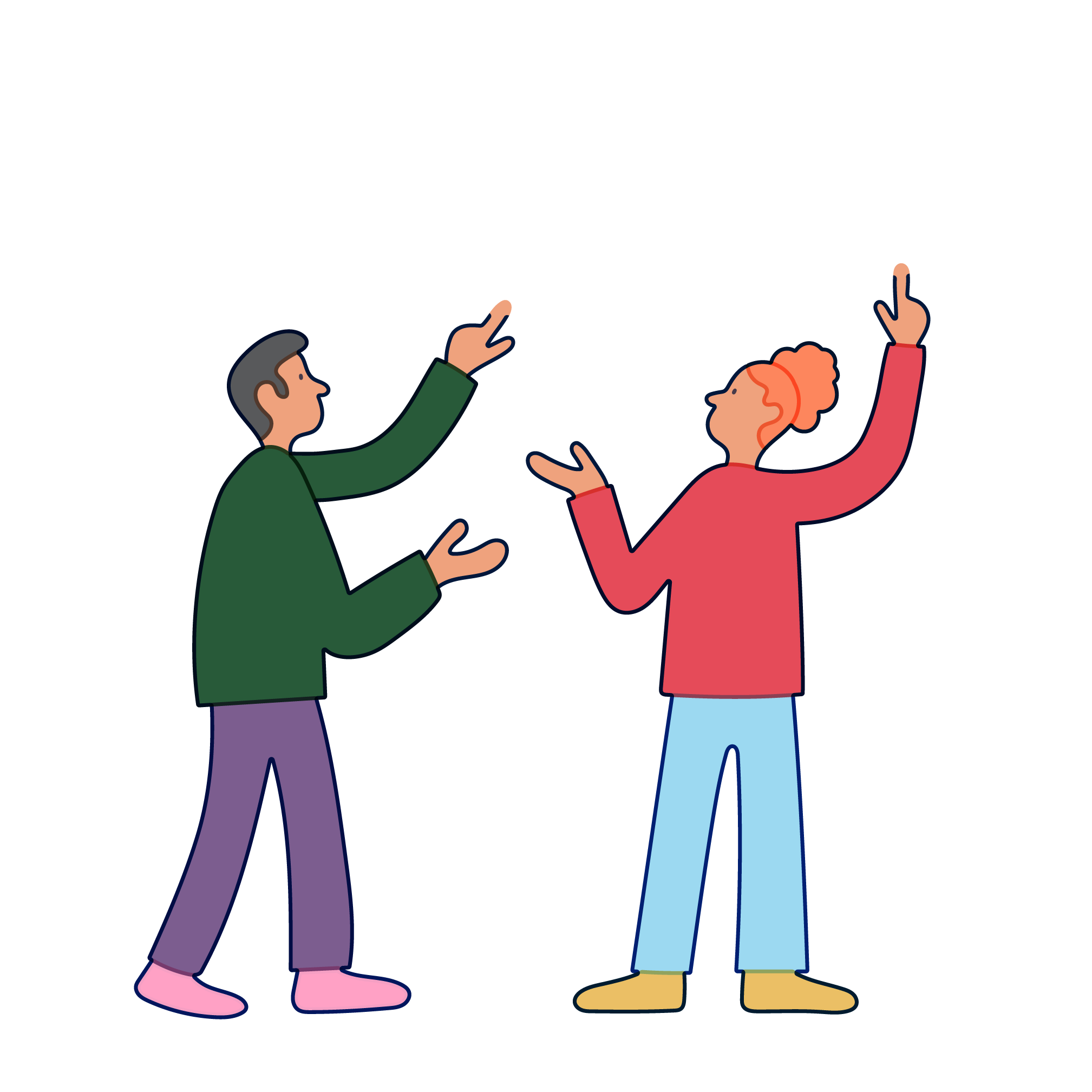 Two people have an animated conversation with empty speech bubbles hovering over them.