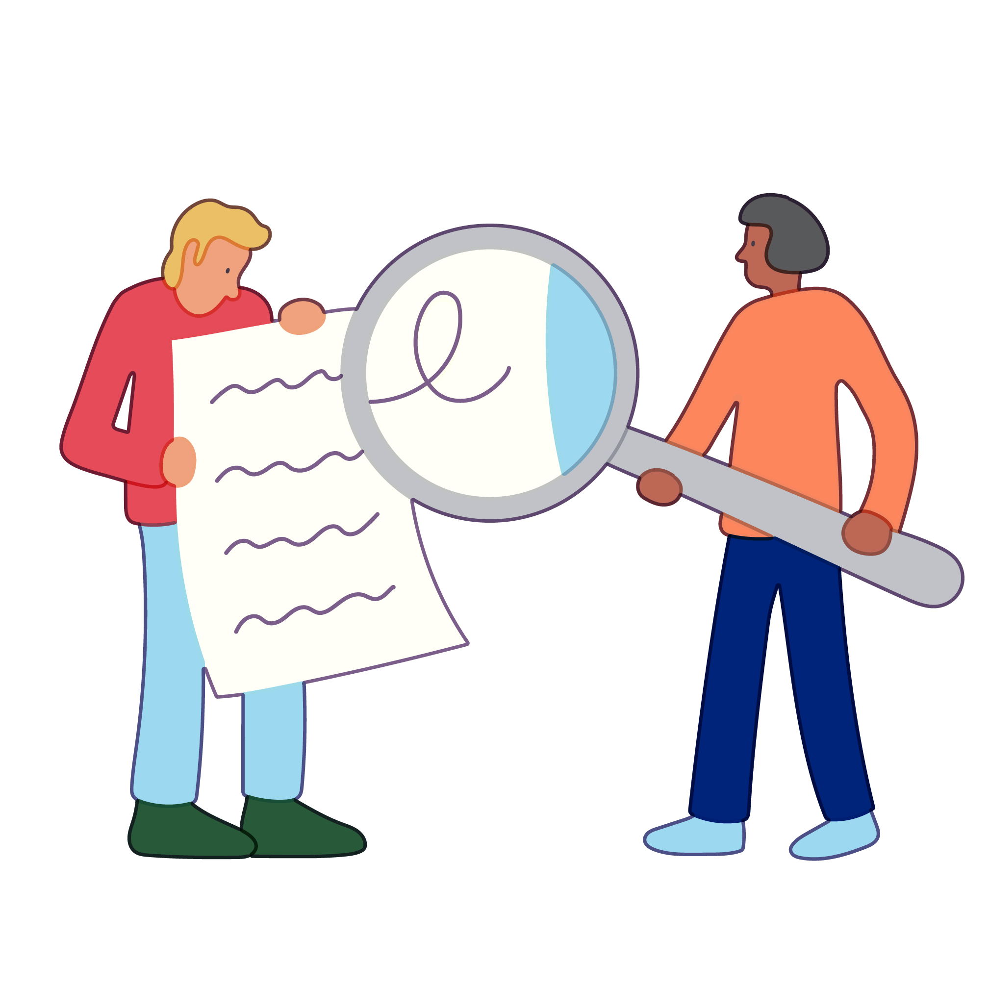 A friend holds a giant magnifying glass over a sheet of paper held by another friend.