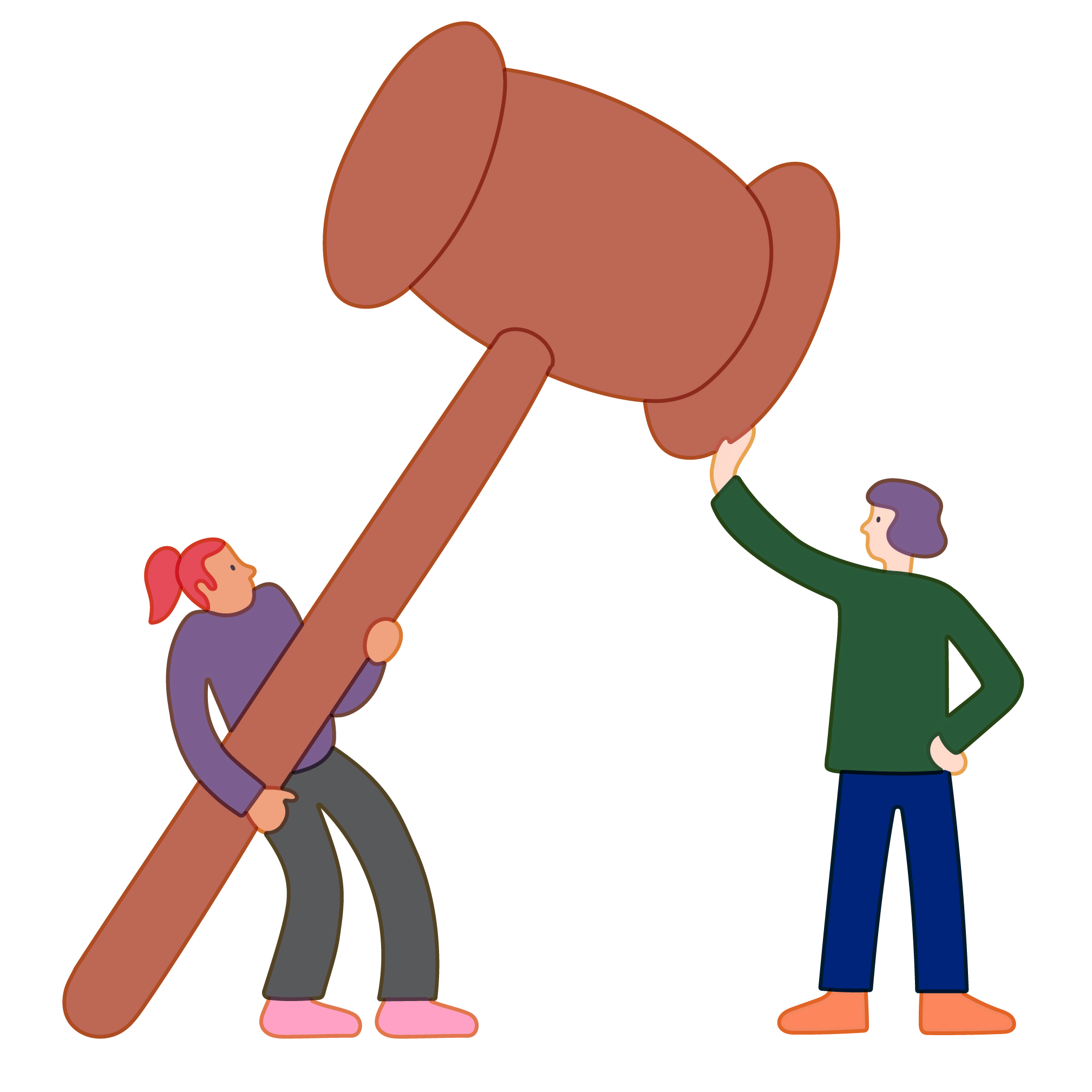 Two friends hold up a giant gavel.