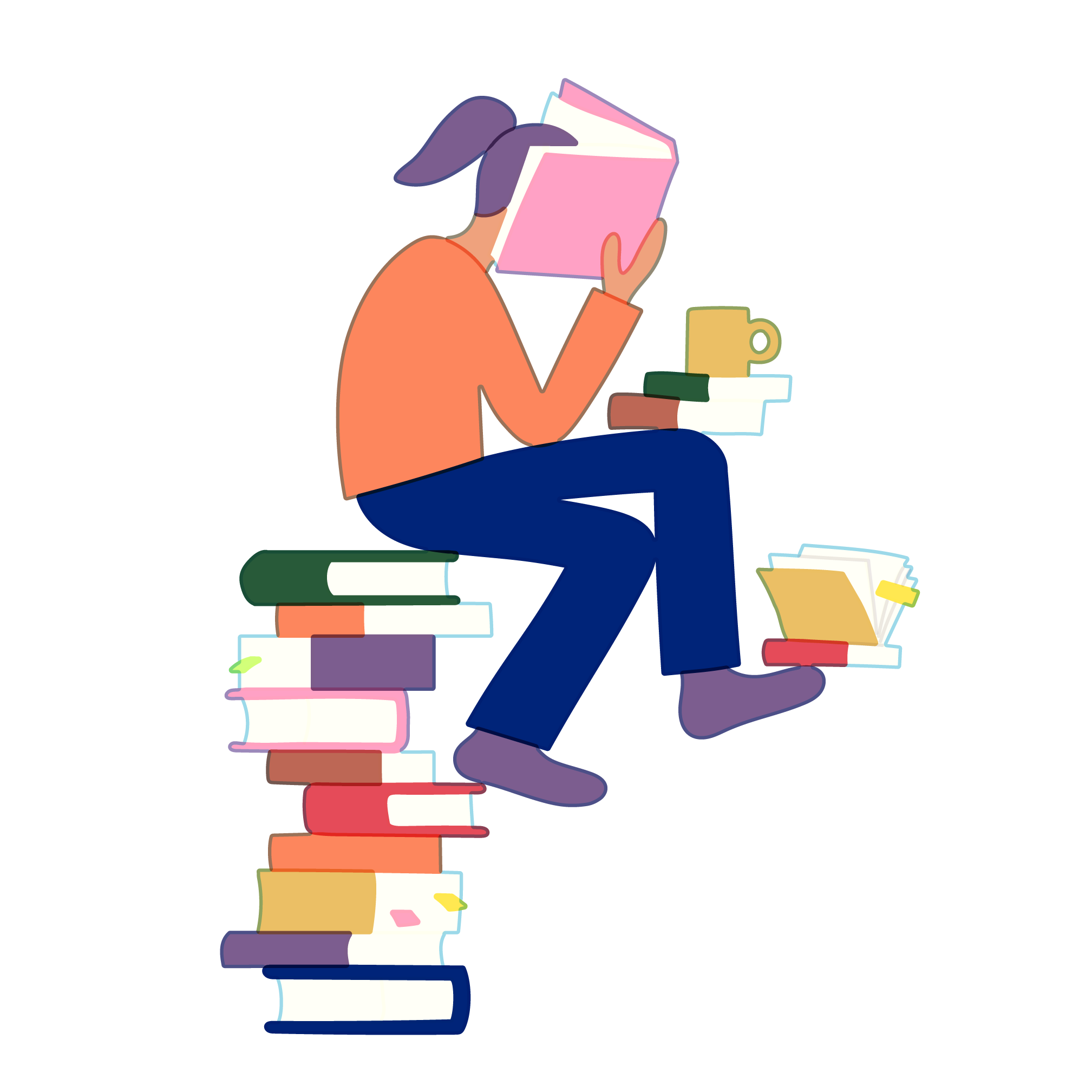 A woman sits atop a teetering stack of books reading a book and balancing a coffee cup.