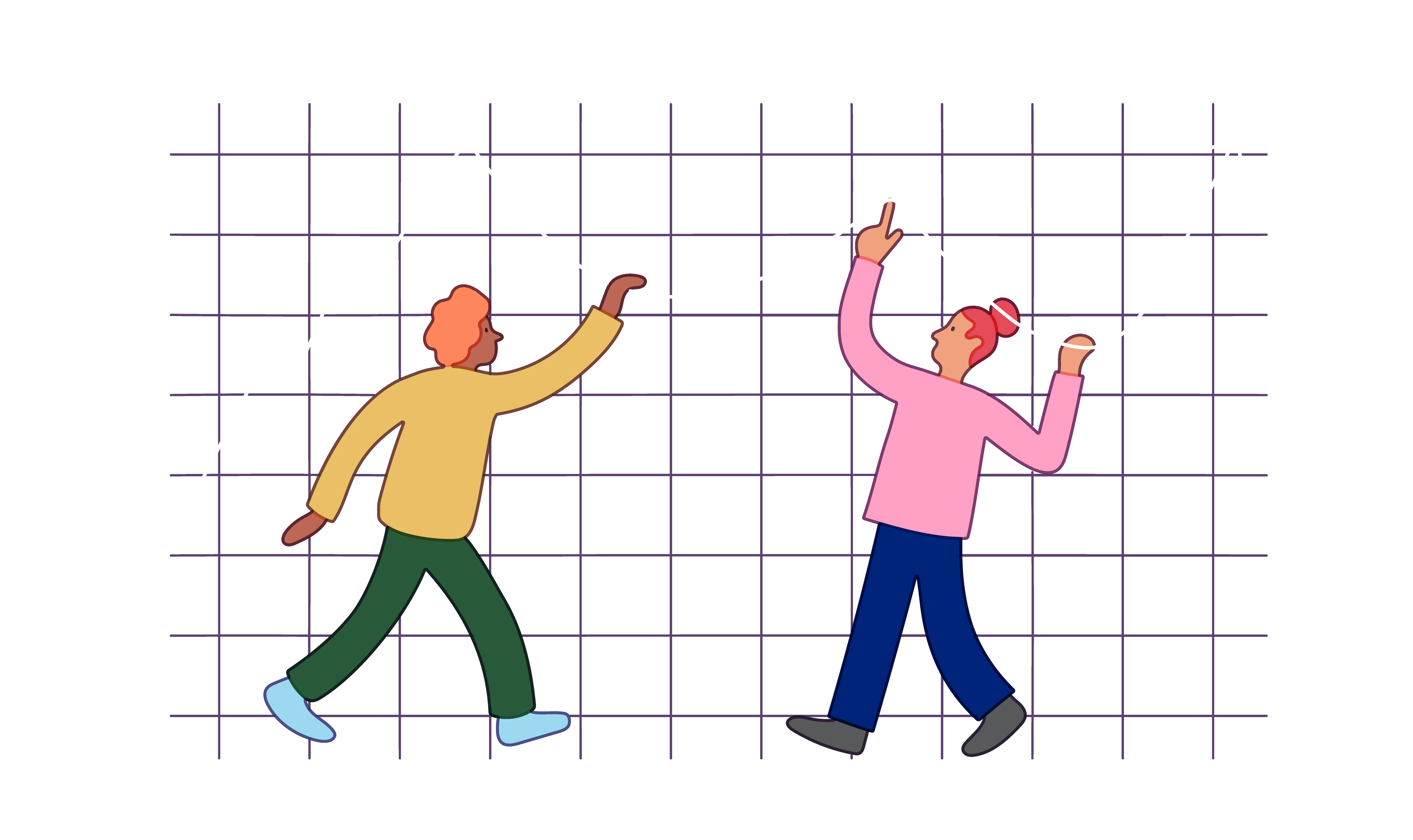 Two people hold up a graph line against a chart.