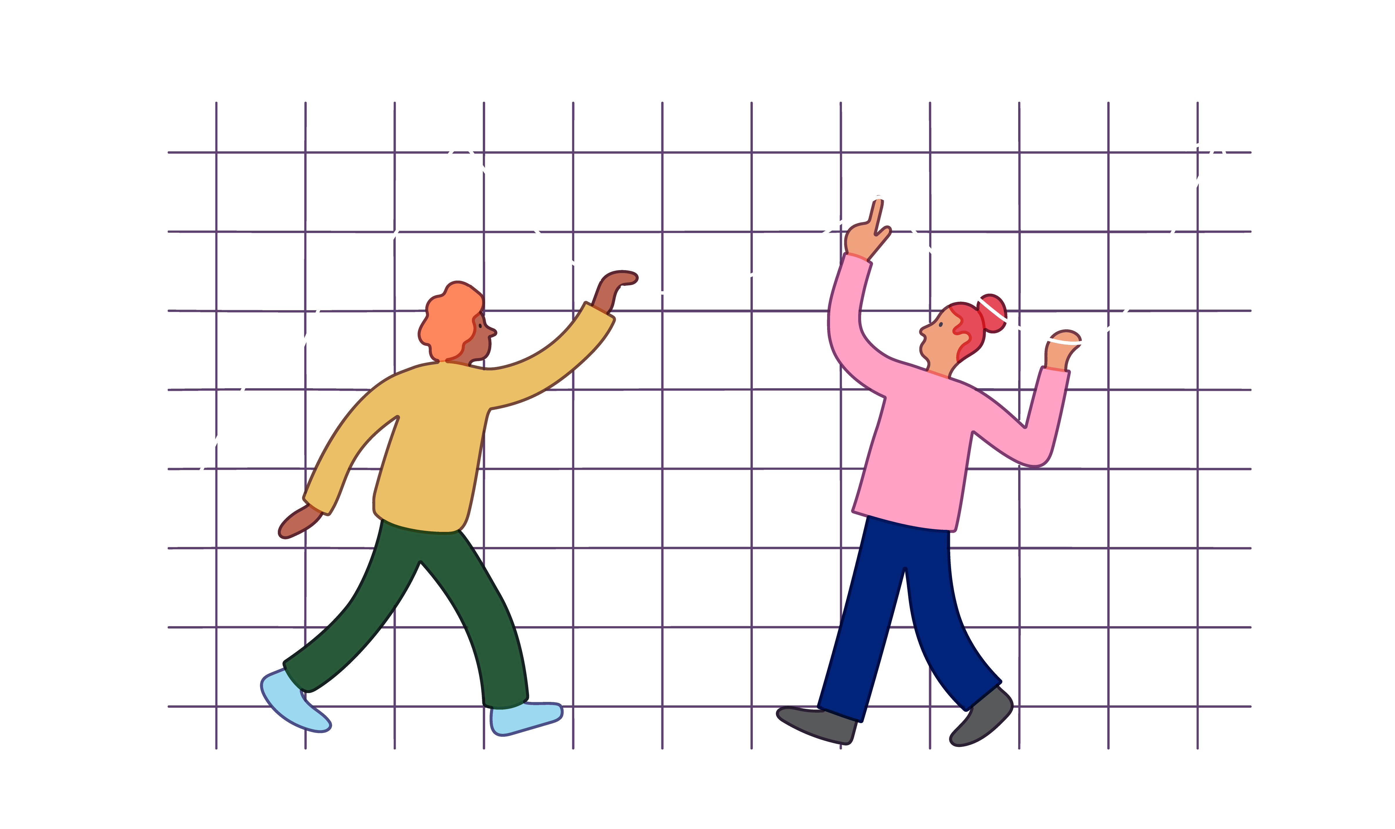 Two people hold up a graph line against a chart.