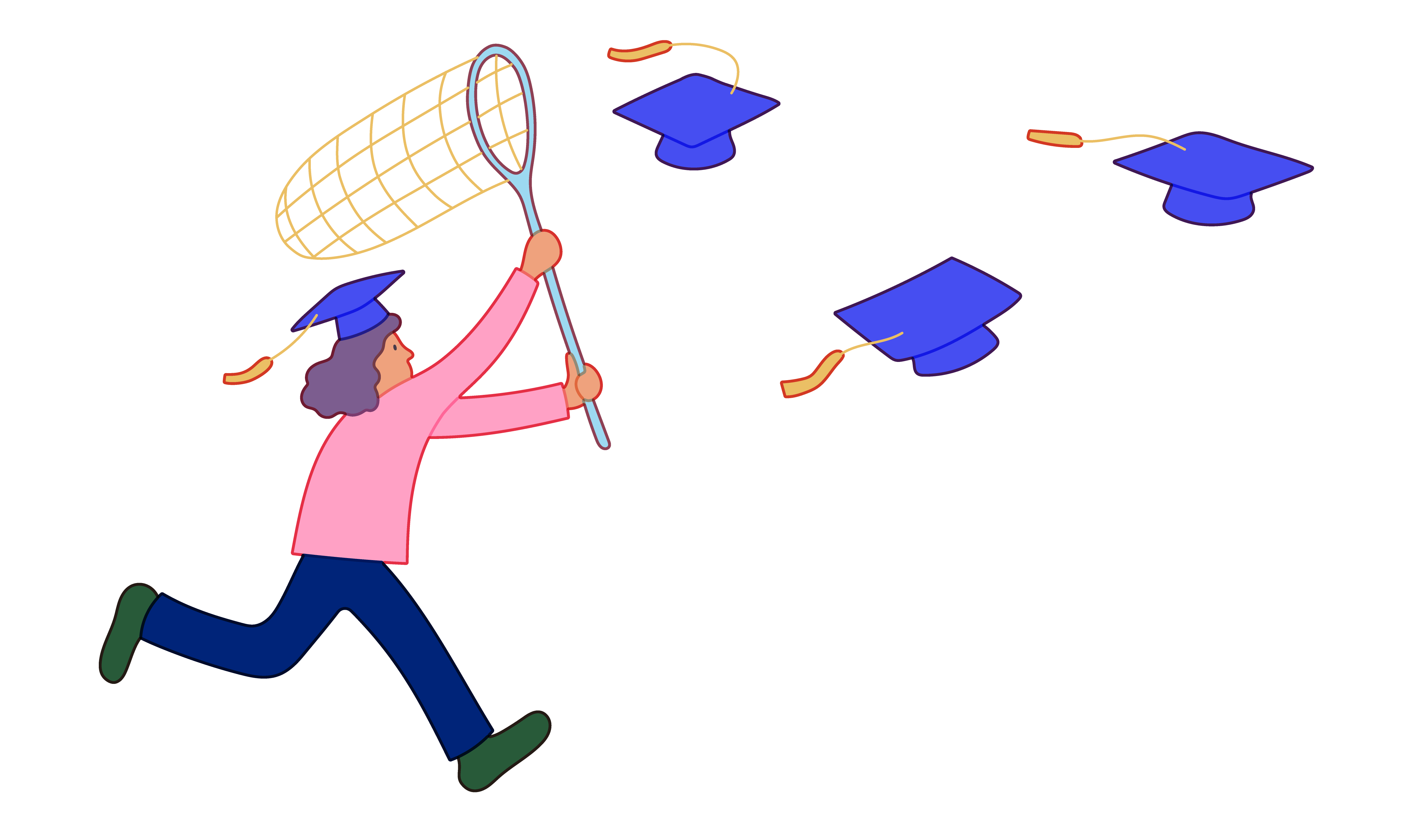 A woman in a graduation cap with a butterfly net chases after flying graduation caps.