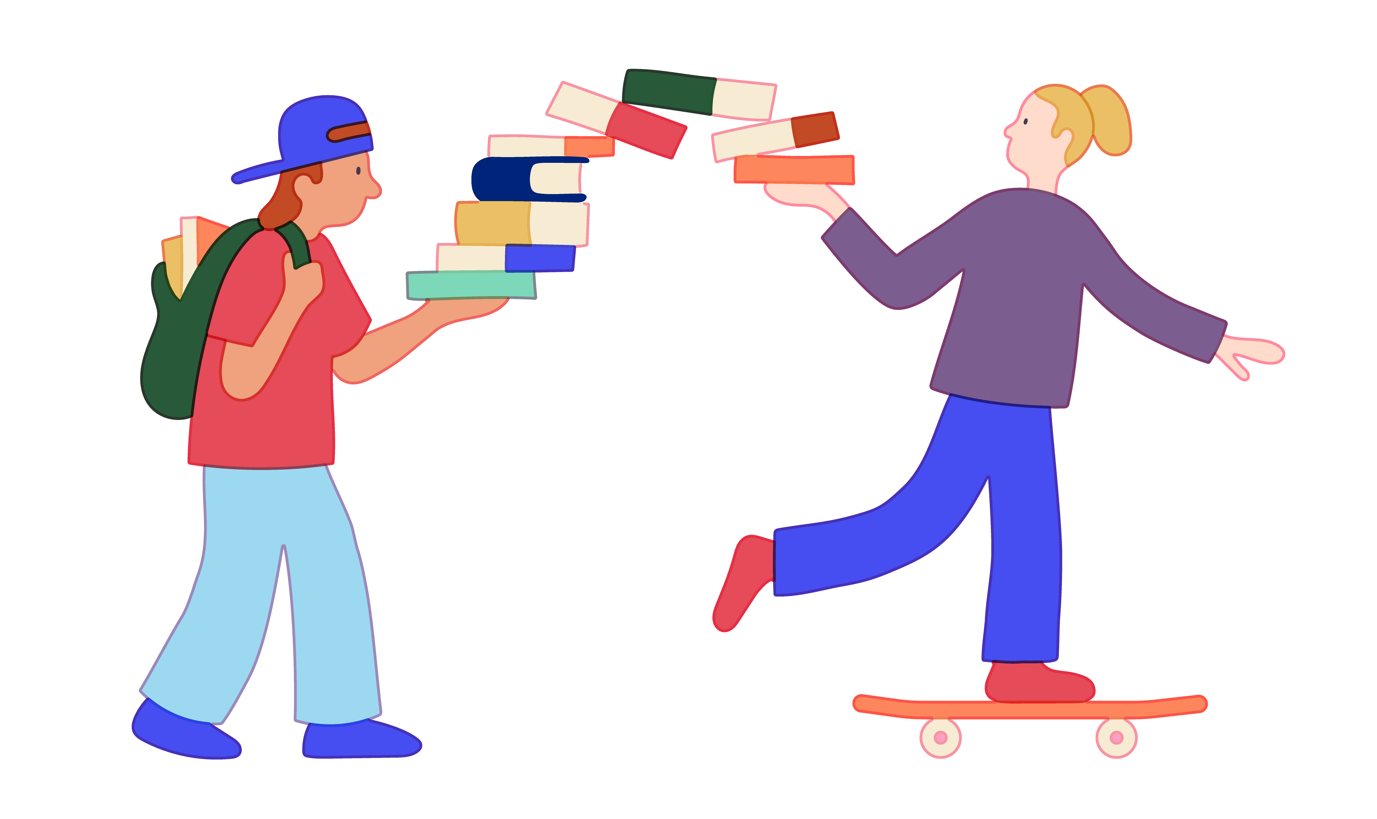 A boy wearing a backpack hands off a stack of books to a girl on a skateboard.