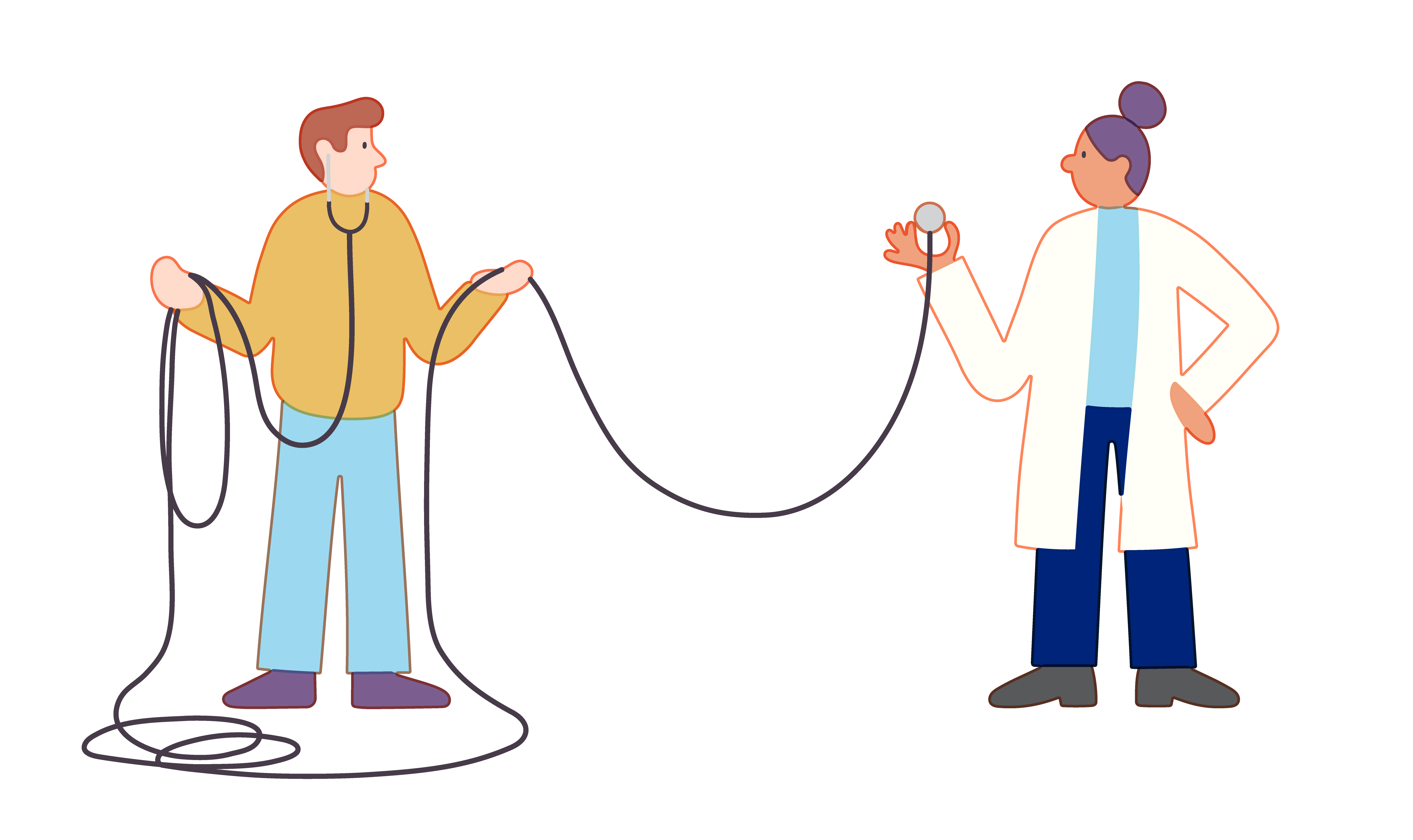 A doctor and her patient are connected through a super long stethoscope.