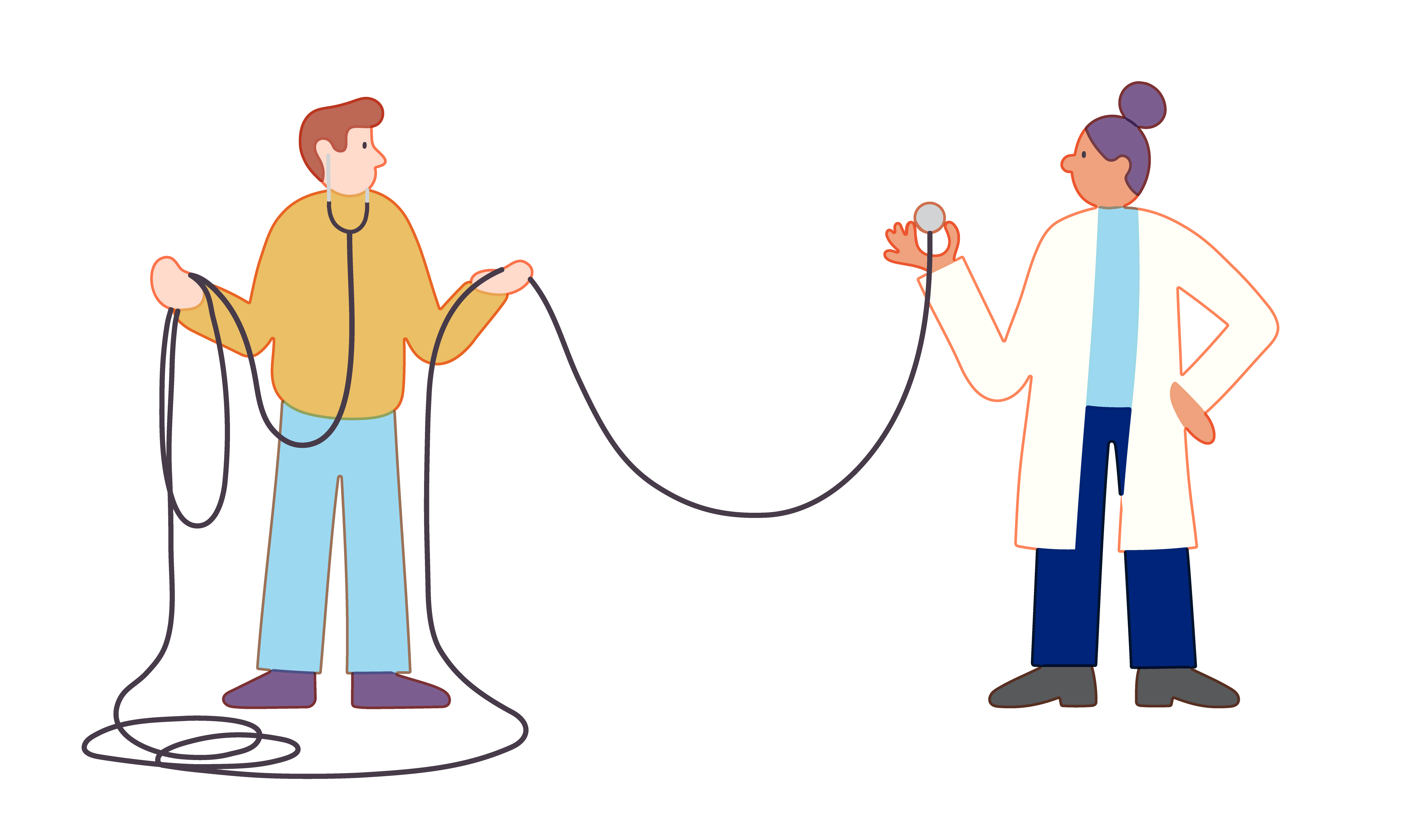 A doctor and her patient are connected through a super long stethoscope.