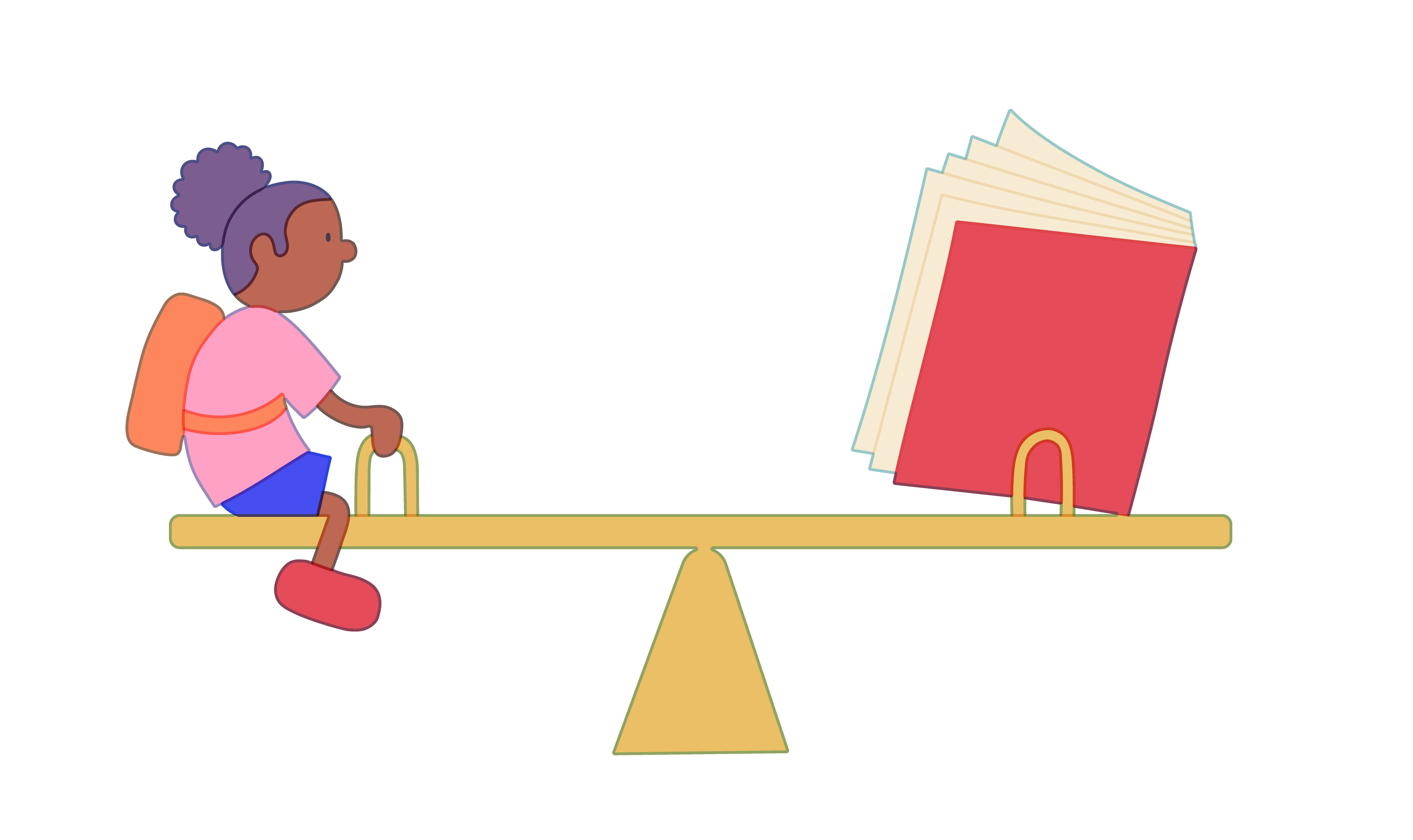 A young girl wearing a backpack sits on a seesaw with a book on the other end.